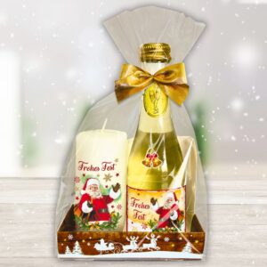 Hochwertiges Geschenkset als Weihnachtsgeschenk Piccolo Beerenperlwein Frohe Weihnachten mit Kerze Frohes Fest Secco Sekt und Stumpenkerze Weihnachtskerze mit Weihnachtsmann Motiv