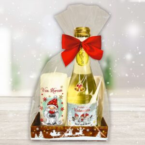 Hochwertiges Geschenkset zu Weihnachten Piccolo Beerenperlwein Frohe - Fröhliche Weihnachten mit Kerze Von Herzen - Frohes Fest Secco Sekt und Stumpenkerze Weihnachtskerze mit Weihnachtsmann Motiv