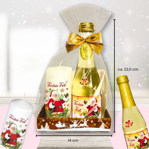 Hochwertiges Geschenkset zu Weihnachten Piccolo Beerenperlwein Frohe Weihnachten mit Kerze Frohes Fest Secco Sekt und Stumpenkerze Weihnachtskerze mit Weihnachtsmann Motiv - Maße