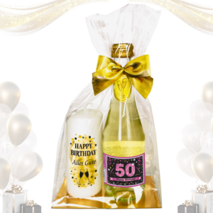 Hochwertiges Geschenkset - „50 Happy Birthday“ PINK mit Geburtstagskerze - Set mit Piccolo Secco Sekt und Stumpenkerze Kerze Geschenk zum 50. Geburtstag Pfeif auf's Alter