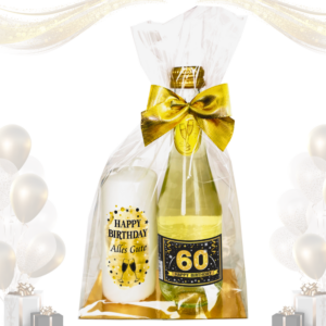 Hochwertiges Geschenkset - „60 Happy Birthday“ GOLD mit Geburtstagskerze - Set mit Piccolo Secco Sekt und Stumpenkerze Kerze Geschenk zum 60. Geburtstag Pfeif auf's Alter