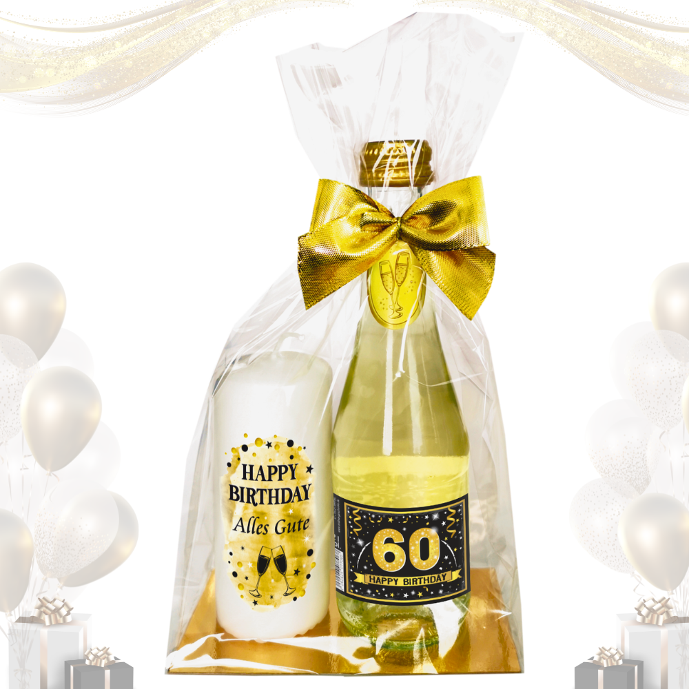 Hochwertiges Geschenkset - „60 Happy Birthday“ GOLD mit Geburtstagskerze - Set mit Piccolo Secco Sekt und Stumpenkerze Kerze Geschenk zum 60. Geburtstag Pfeif auf's Alter