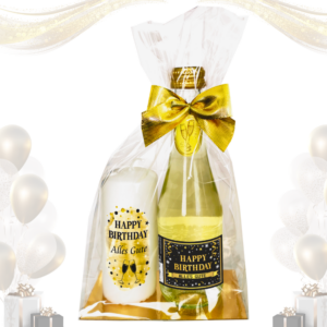 Hochwertiges Geschenkset - „Happy Birthday“ GOLD mit Geburtstagskerze - Set mit Piccolo Secco Sekt und Stumpenkerze Kerze Geschenk zum Geburtstag Pfeif auf's Alter