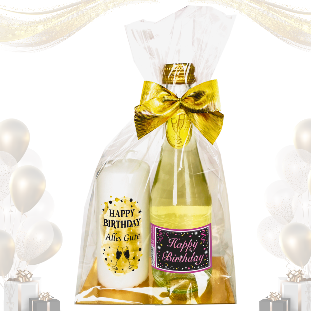 Hochwertiges Geschenkset - „Happy Birthday“ PINK mit Geburtstagskerze - Set mit Piccolo Secco Sekt und Stumpenkerze Kerze Geschenk zum Geburtstag Pfeif auf's Alter