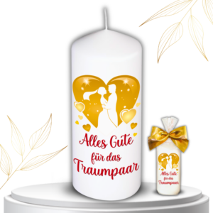 Hochzeitskerze – Alles Gute für das Traumpaar – inklusive Geschenkverpackung Traukerze mit Gold - Herz Edle Kerze zur Hochzeit und Verlobung – Handgefertigt in Deutschland