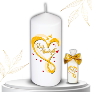 Hochzeitskerze – Zur Hochzeit Goldherz – inklusive Geschenkverpackung Traukerze mit Gold - Herz Edle Kerze zur Hochzeit und Verlobung – Handgefertigt in Deutschland