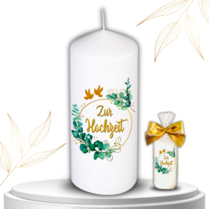 Hochzeitskerze – Zur Hochzeit mit Eukalyptus – inklusive Geschenkverpackung Traukerze mit Gold - Herz Edle Kerze zur Hochzeit und Verlobung – Handgefertigt in Deutschland