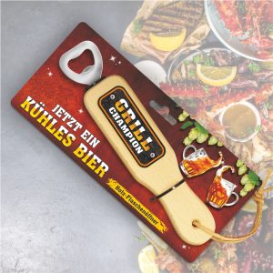 Holz Flaschenöffner - Grill Champion mit Lederband Lederriemen Geschenke für Grillprofis grillen - kompolett