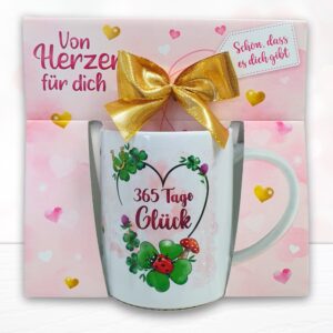 Kaffeetasse - 365 Tage Glück - Keramik Tasse mit Geschenkverpackung zum Geburtstag Muttertag Beidseitig mit rosa und roten Herzen bedruckt
