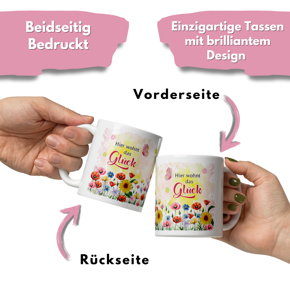 Kaffeetasse - Hier wohnt das Glück - Keramik Tasse mit Geschenkverpackung zum Geburtstag Muttertag Beidseitig mit rosa und roten Herzen bedruckt - beidseitig