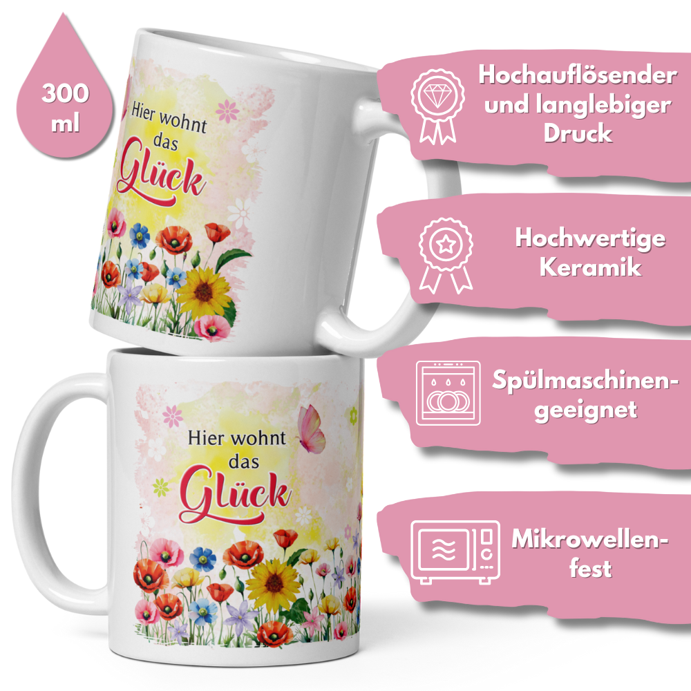 Kaffeetasse - Hier wohnt das Glück - Keramik Tasse mit Geschenkverpackung zum Geburtstag Muttertag Beidseitig mit rosa und roten Herzen bedruckt - beidseitig2