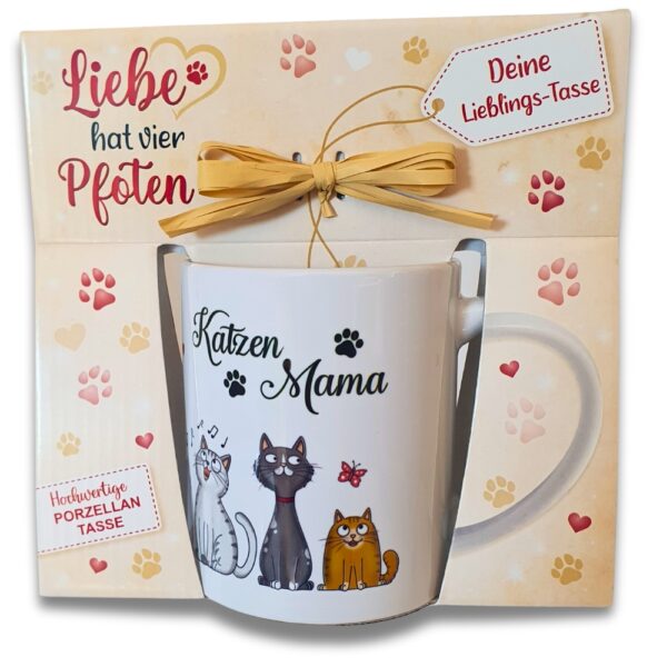 Katzentasse - Katzenmama, bunt - in Geschenkverpackung mit Bastschleife Geschenk für Katzenliebhaber