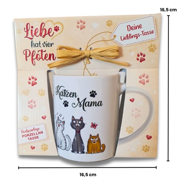 Katzentasse - Katzenmama, bunt - in Geschenkverpackung mit Bastschleife Geschenk für Katzenliebhaber - Maße