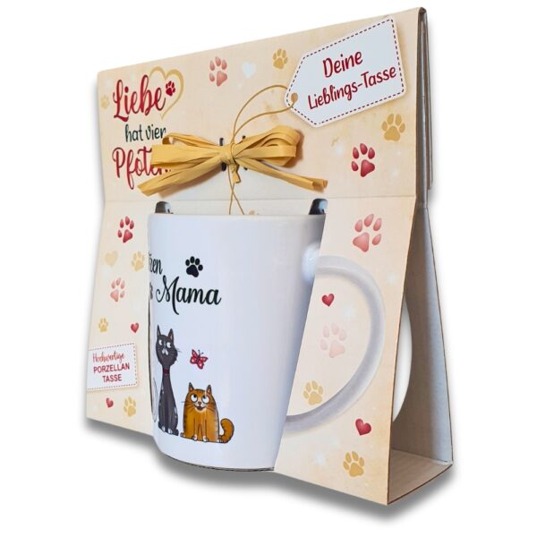 Katzentasse - Katzenmama, bunt - in Geschenkverpackung mit Bastschleife Geschenk für Katzenliebhaber - schräg