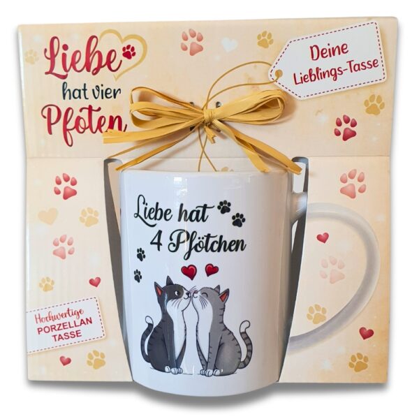 Katzentasse - Liebe hat vier Pfoten - in Geschenkverpackung mit Bastschleife Geschenk für Katzenliebhaber