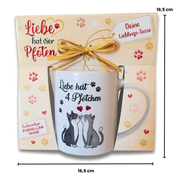 Katzentasse - Liebe hat vier Pfoten - in Geschenkverpackung mit Bastschleife Geschenk für Katzenliebhaber - Maße
