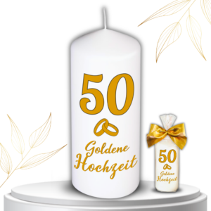 Kerze zur Goldenen Hochzeit und Hochzeitsringe – Edles Geschenk Goldene Hochzeit für Ehepaare & Eltern – Stumpenkerze Geschenkfolie & Goldener Schleife – Deko Geschenkidee zum Goldenen Hochzeitstag