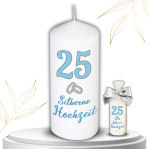 Kerze zur Silbernen Hochzeit und Hochzeitsringe – Edles Geschenk Goldene Hochzeit für Ehepaare & Eltern – Stumpenkerze Geschenkfolie & Goldener Schleife – Deko Geschenkidee zum Goldenen Hochzeitstag