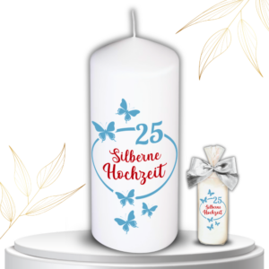 Kerze zur Silbernen Hochzeit und Schmetterling – Edles Geschenk Goldene Hochzeit für Ehepaare & Eltern – Stumpenkerze Geschenkfolie & Goldener Schleife – Deko Geschenkidee zum Goldenen Hochzeitstag