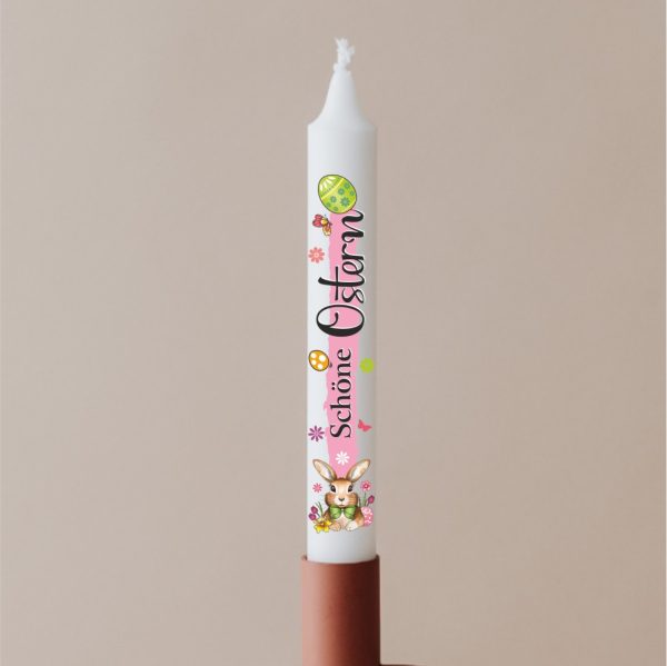 Kerzen zu Ostern – Schöne Ostern, Rosa - in Geschenkverpackung mit Schleife Sprüche auf Spitzkerzen Stabkerzen mit Tattoofolie im Geschenkset - im Kerzenhalter