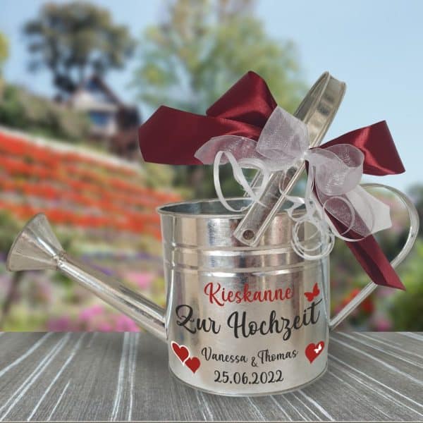 Kieskanne - Zur Hochzeit personalisiert, Geldgeschenk Gießkanne als Hochzeitsgeschenk - mit Schleife v2