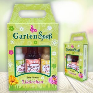 Kleiner Gartenspaß Likör Geschenkset für Gärtner – Geschenkbox mit Nuss-Nougat Likör, Amarena Kirsch Likör & Schoko-Sahne Likör – 3x2cl Mini Liköre – Lustiges Mitbringsel
