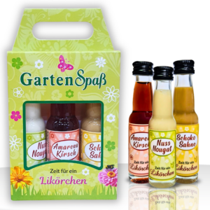 Kleiner Gartenspaß Likör Geschenkset für Gärtner – Geschenkbox mit Nuss-Nougat Likör, Amarena Kirsch Likör & Schoko-Sahne Likör – 3x2cl Mini Liköre – Lustiges Mitbringsel - oH