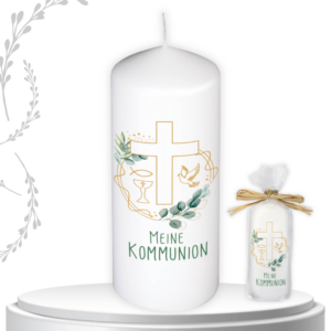 Kommunionkerze – Meine Kommunion - mit Kreuz-Motiv – Kleine Stumpenkerze zur Erstkommunion, liebevolles Geschenk zur Taufe