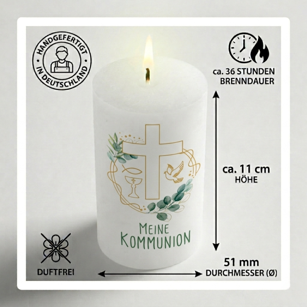 Kommunionkerze – Meine Kommunion - mit Kreuz-Motiv – Kleine Stumpenkerze zur Erstkommunion, liebevolles Geschenk zur Taufe - Maße