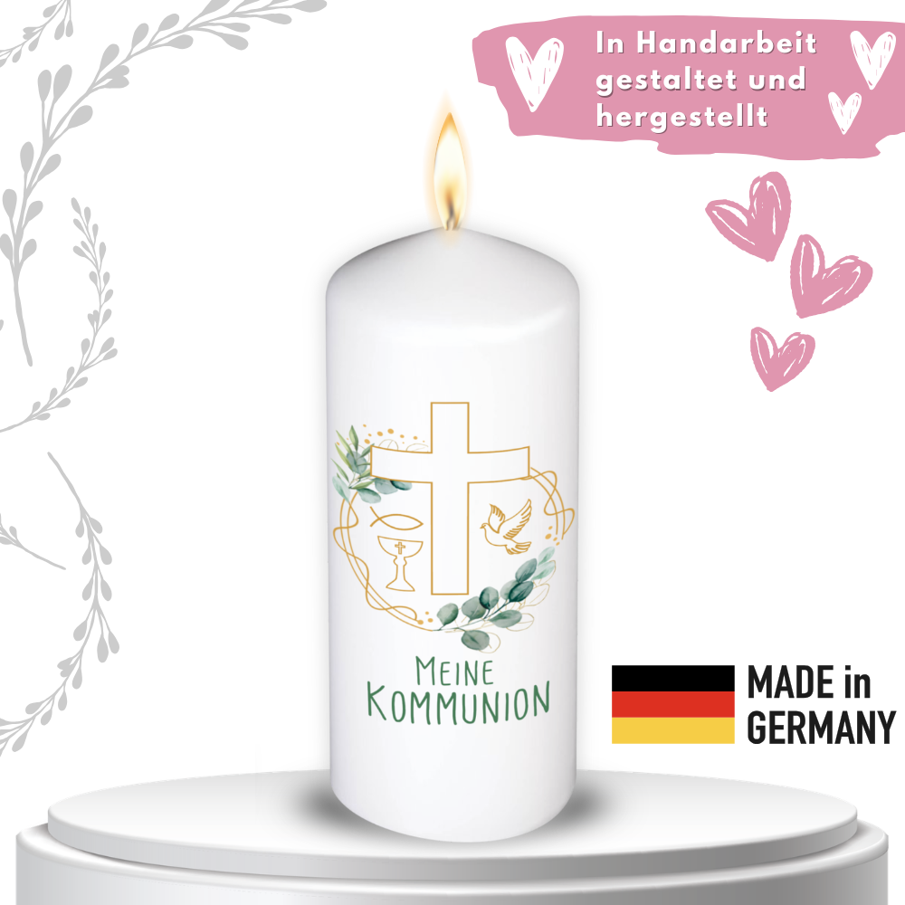 Kommunionkerze – Meine Kommunion - mit Kreuz-Motiv – Kleine Stumpenkerze zur Erstkommunion, liebevolles Geschenk zur Taufe - Qualität