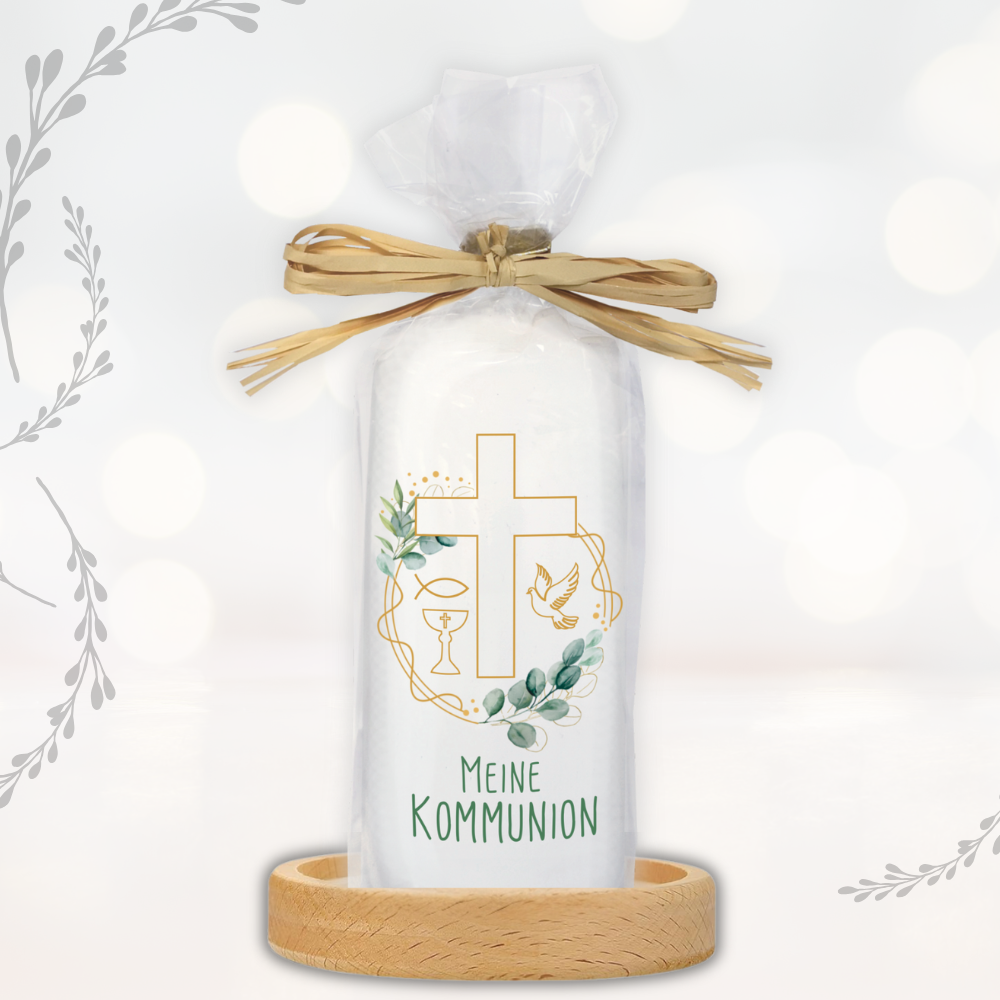 Kommunionkerze – Meine Kommunion - mit Kreuz-Motiv – Kleine Stumpenkerze zur Erstkommunion, liebevolles Geschenk zur Taufe - mit Geschenkverpackung