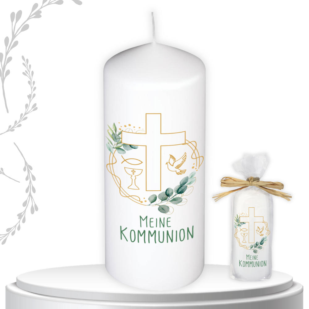 Kommunionkerze – Meine Kommunion - mit Kreuz-Motiv – Kleine Stumpenkerze zur Erstkommunion, liebevolles Geschenk zur Taufe