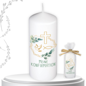 Konfirmationkerze – Meine Konfirmation - mit Kreuz-Motiv – Kleine Stumpenkerze zur Erstkonfirmation, liebevolles Geschenk zur Taufe
