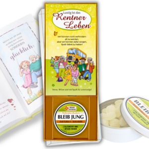 Lustig ist das Rentner Leben Geschenkbox Box mit Pfefferminzbonbons – Buch mit Witzen, Liedern & Rätseln + Bonbondose 55 g Geschenk Ruhestand für Opa & Oma