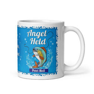 Lustige Angel-Tasse Angel Held – Petri Heil Geschenk für Angler – 300 ml Keramiktasse – Spülmaschinenfest, farbecht – Perfekte Geschenkidee für Fischer