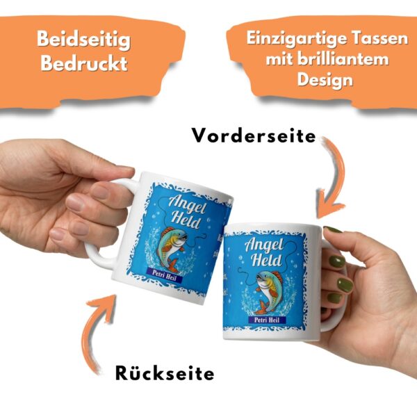 Lustige Angel-Tasse Angel Held – Petri Heil Geschenk für Angler – 300 ml Keramiktasse – Spülmaschinenfest, farbecht – Perfekte Geschenkidee für Fischer - beidseitiger Druck