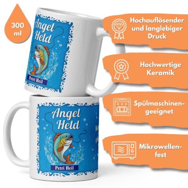 Lustige Angel-Tasse Angel Held – Petri Heil Geschenk für Angler – 300 ml Keramiktasse – Spülmaschinenfest, farbecht – Perfekte Geschenkidee für Fischer - beidseitiger Druck2