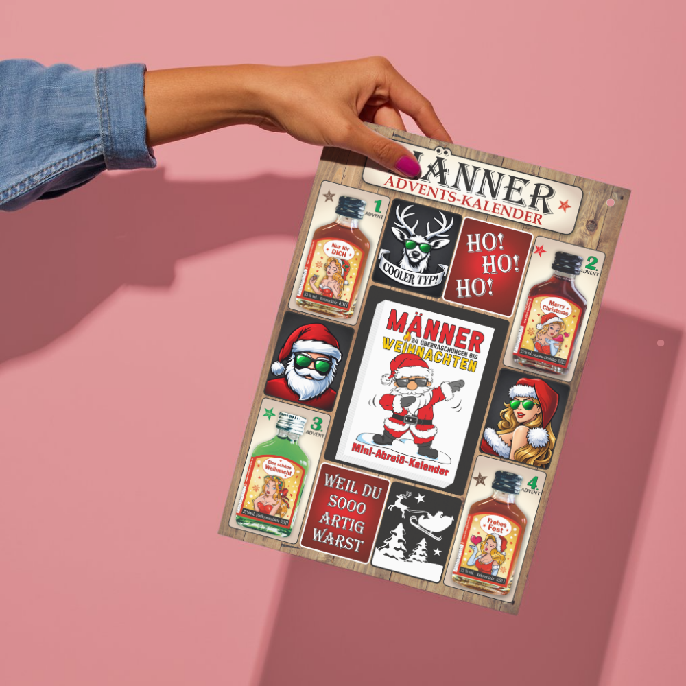 Männer Adventskalender Mädels mit Likör und 24 Seiten Abreißblock Schnaps Kalender für Männer zum anhängen Einzigartiges Geschenk zu Weihnachten Scherzartikel in der Hand
