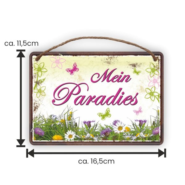 Mein Paradies - Metallschild Blechschild Schild Türschild mit Kordel Seil zum Anhängen Männergeschenk AV Andrea Verlag andrea-geschenke.de - Maße