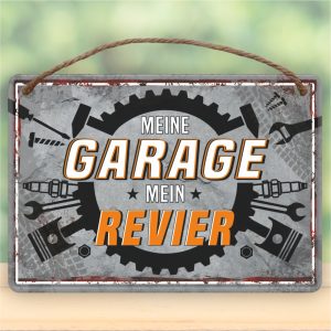 Meine Garage, mein Revier - Metallschild Blechschild Schild Türschild mit Kordel Seil zum Anhängen Männergeschenk AV Andrea Verlag andrea-geschenke.de