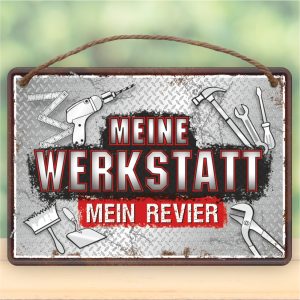 Meine Werkstatt, mein Revier - Metallschild Blechschild Schild Türschild mit Kordel Seil zum Anhängen Männergeschenk AV Andrea Verlag andrea-geschenke.de