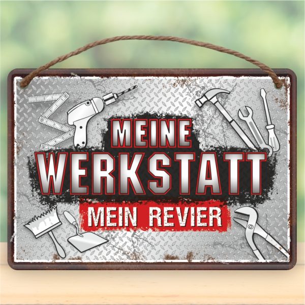 Meine Werkstatt, mein Revier - Metallschild Blechschild Schild Türschild mit Kordel Seil zum Anhängen Männergeschenk AV Andrea Verlag andrea-geschenke.de