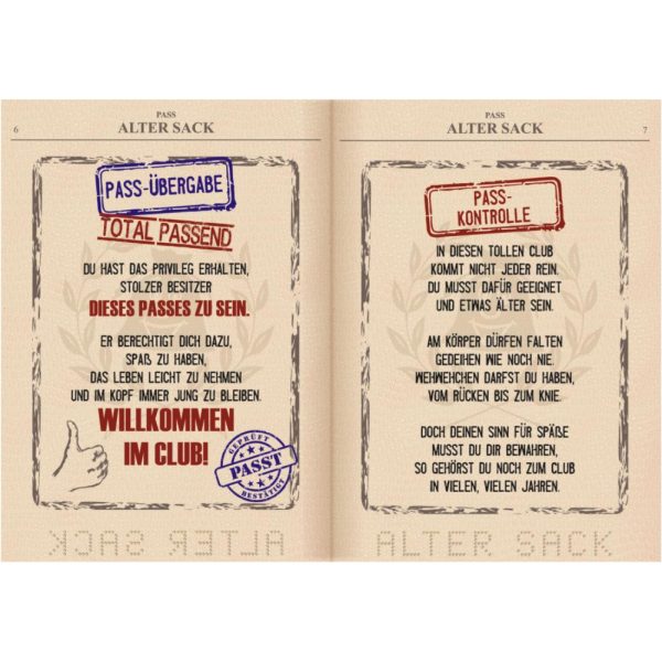 Pass Alter Sack Willkommen im Club Humor Geburtstag Alte Säcke Rentner Ruhestand Geschenk zum Geburtstag AV Andrea Verlag andrea-geschenke.de - innen1