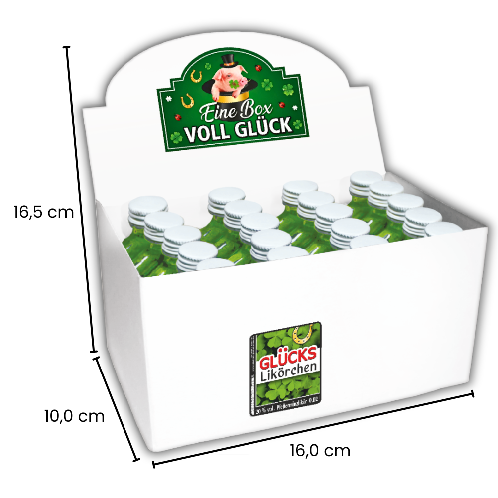 Pfefferminzlikör Geschenkbox mit 20 kleinen Likörflaschen – Origineller Glücksbringer als Geschenk für Männer und Frauen – Mini Likör Set „Glücks-Likörchen“, 20x 2cl - Maße