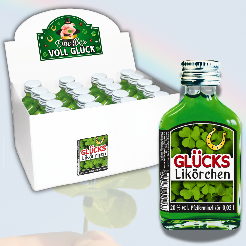 Pfefferminzlikör Geschenkbox mit 20 kleinen Likörflaschen – Origineller Glücksbringer als Geschenk für Männer und Frauen – Mini Likör Set „Glücks-Likörchen“, 20x 2cl - mH