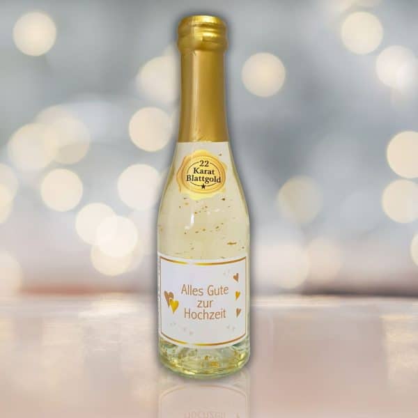 Piccolo -Alles Gute zur Hochzeit - Sekt 22 Karat Blattgold Goldflocken Gold 0,2 l, 10% vol. mit Hochglanzetikett Goldsekt Goldsecco Hochzeitsgeschenk