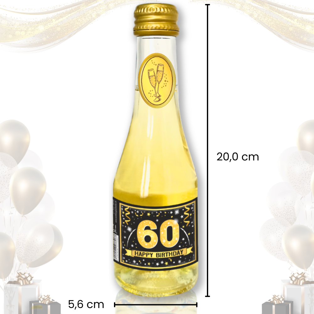 Piccolo Beeren Perlwein - „60 Happy Birthday“ GOLD Geschenk Secco Sekt zum 60. Geburtstag 0,2L 8% vol. alk. Pfeif auf's Alter - Maße