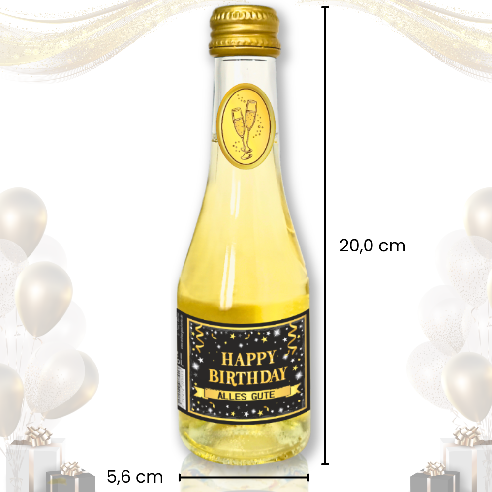 Piccolo Beeren Perlwein - „Happy Birthday“ GOLD Geschenk Secco Sekt zum Geburtstag 0,2L 8% vol. alk. Pfeif auf's Alter - Maße