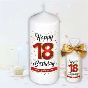 Stumpenkerze - Geburtstagskerze zum 18. Geburtstag, Happy Birthday - bunte moderne Motive Farben mit Geschenkfolie und goldener Schleife Kerze mit Geburtstagszahl Zahl in Geschenkverpackung - einzeln