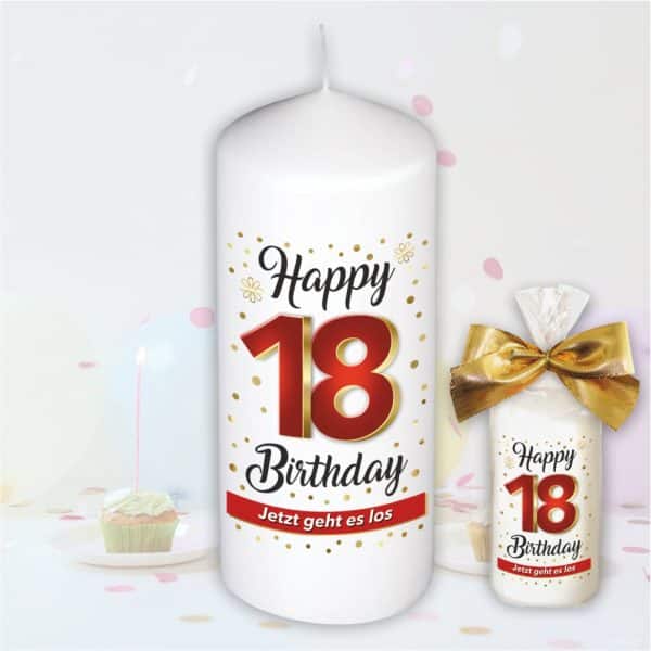 Stumpenkerze - Geburtstagskerze zum 18. Geburtstag, Happy Birthday - bunte moderne Motive Farben mit Geschenkfolie und goldener Schleife Kerze mit Geburtstagszahl Zahl in Geschenkverpackung - einzeln